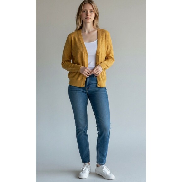 ModCloth Mustard Yellow Textured Knit Cardigan Sweater Women’s L - Picture 1 of 11